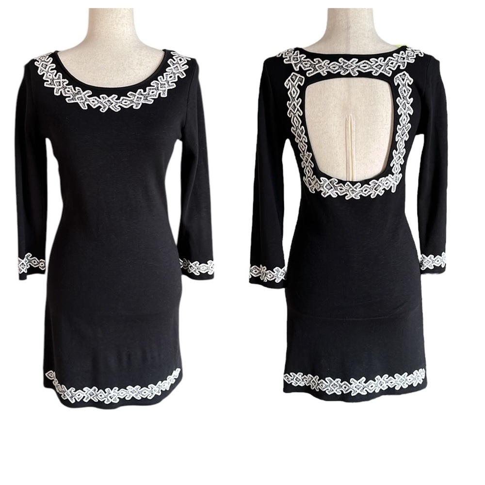 Free People Stretch Knit Backless Sheath Dress Embroidered 3/4 Sleeve Black